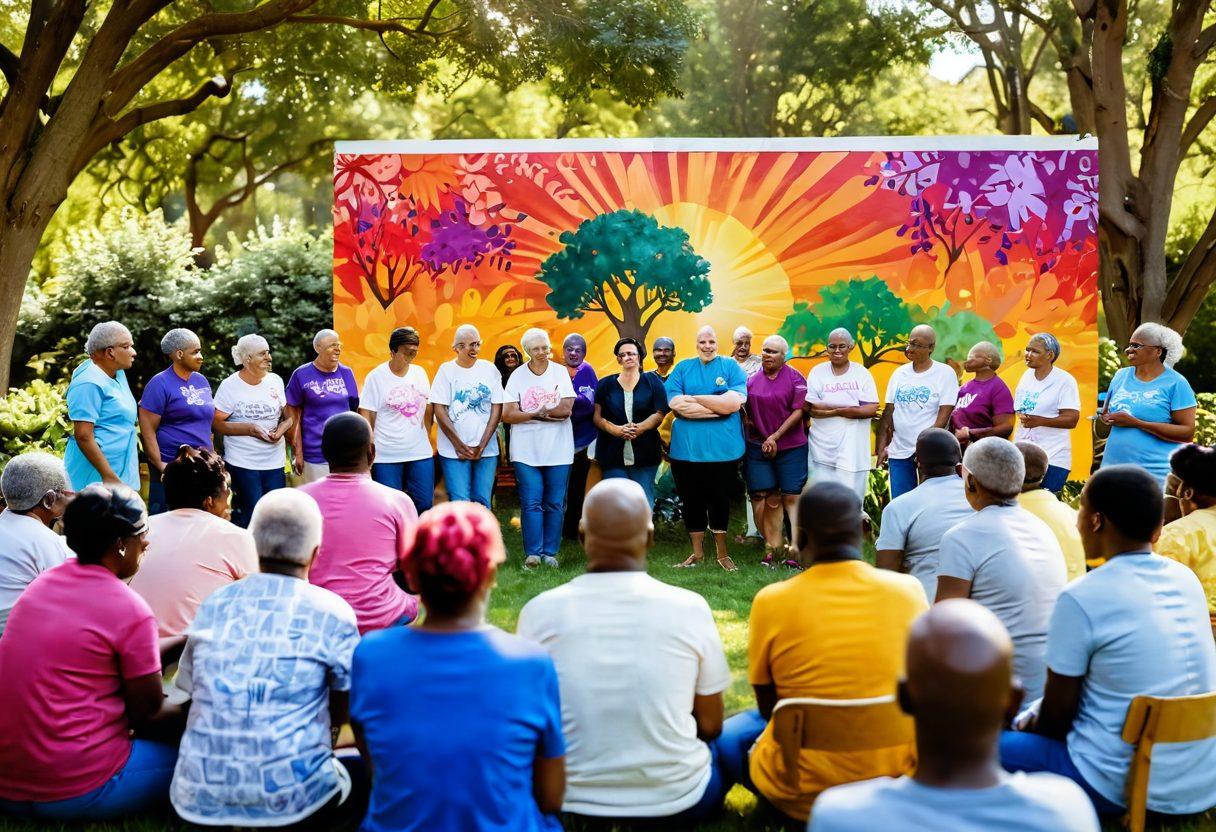 A heartwarming scene depicting a diverse group of cancer survivors gathered in a lush park, sharing their stories and laughter, with supportive friends and family surrounding them. In the background, there's a colorful mural symbolizing hope and resilience, while soft sunlight filters through the trees, casting a warm glow on the gathering. The atmosphere should exude positivity, encouragement, and unity. vibrant colors. super-realistic. uplifting.