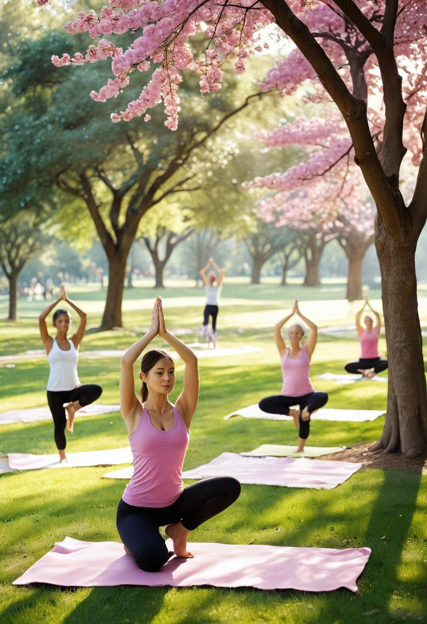 A serene park setting where diverse individuals are practicing yoga and tai chi, surrounded by blooming flowers symbolizing health and growth. In the background, gentle sunlight filters through the trees, creating a warm and inviting atmosphere. Include subtle elements representing cancer awareness, like pink ribbons in some of the flowers. The image should evoke a sense of peace, harmony, and resilience. vibrant colors. super-realistic.