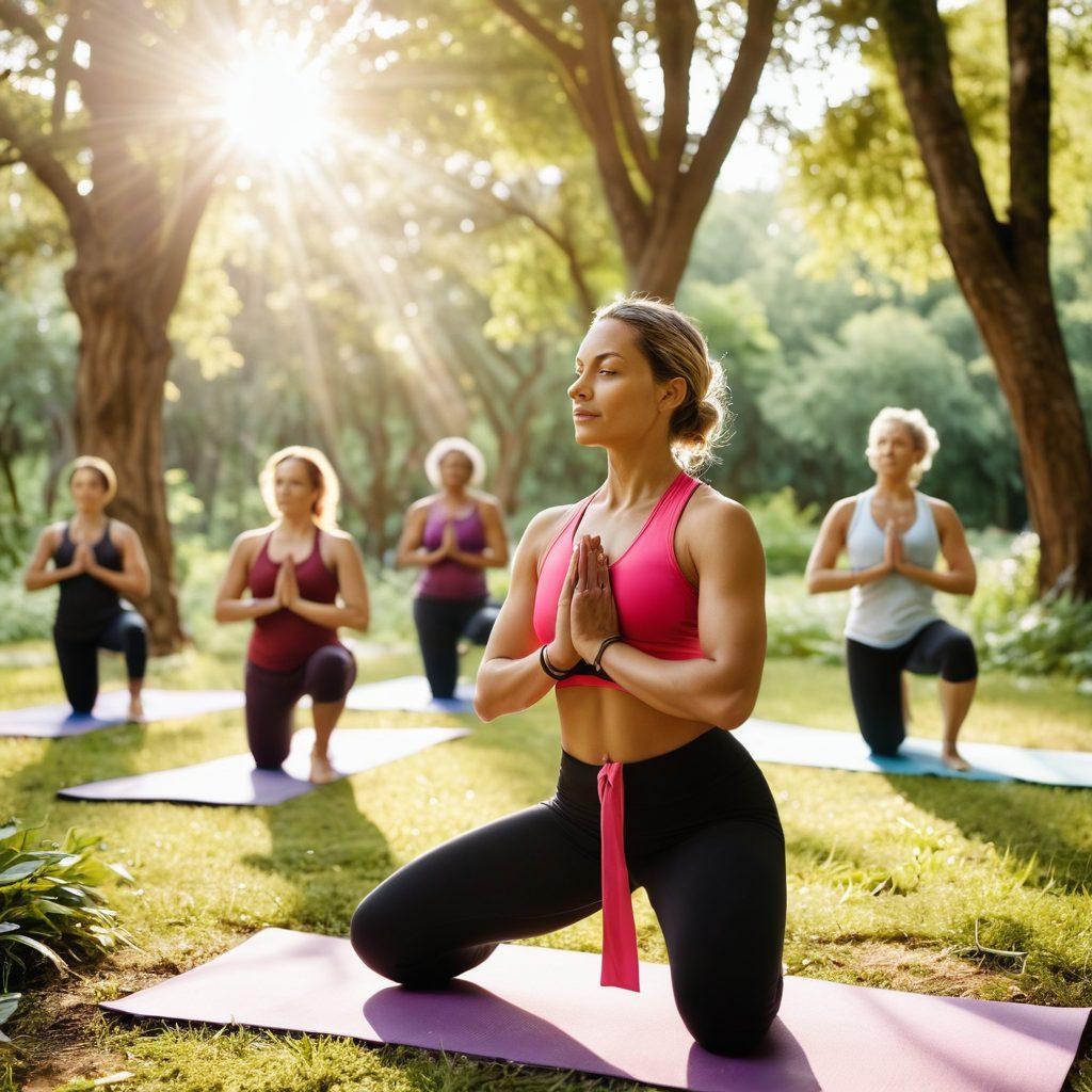 A strong and determined survivor engaging in a serene outdoor fitness session, surrounded by lush greenery and soft sunlight filtering through the trees. They are practicing yoga, symbolizing balance and healing, with a subtle hint of cancer awareness ribbons integrated into their workout gear. In the background, a supportive group of diverse individuals is participating, enhancing the community aspect of healing. The atmosphere should feel uplifting and empowering, with vibrant colors that evoke hope and resilience. super-realistic. vibrant colors. natural setting.